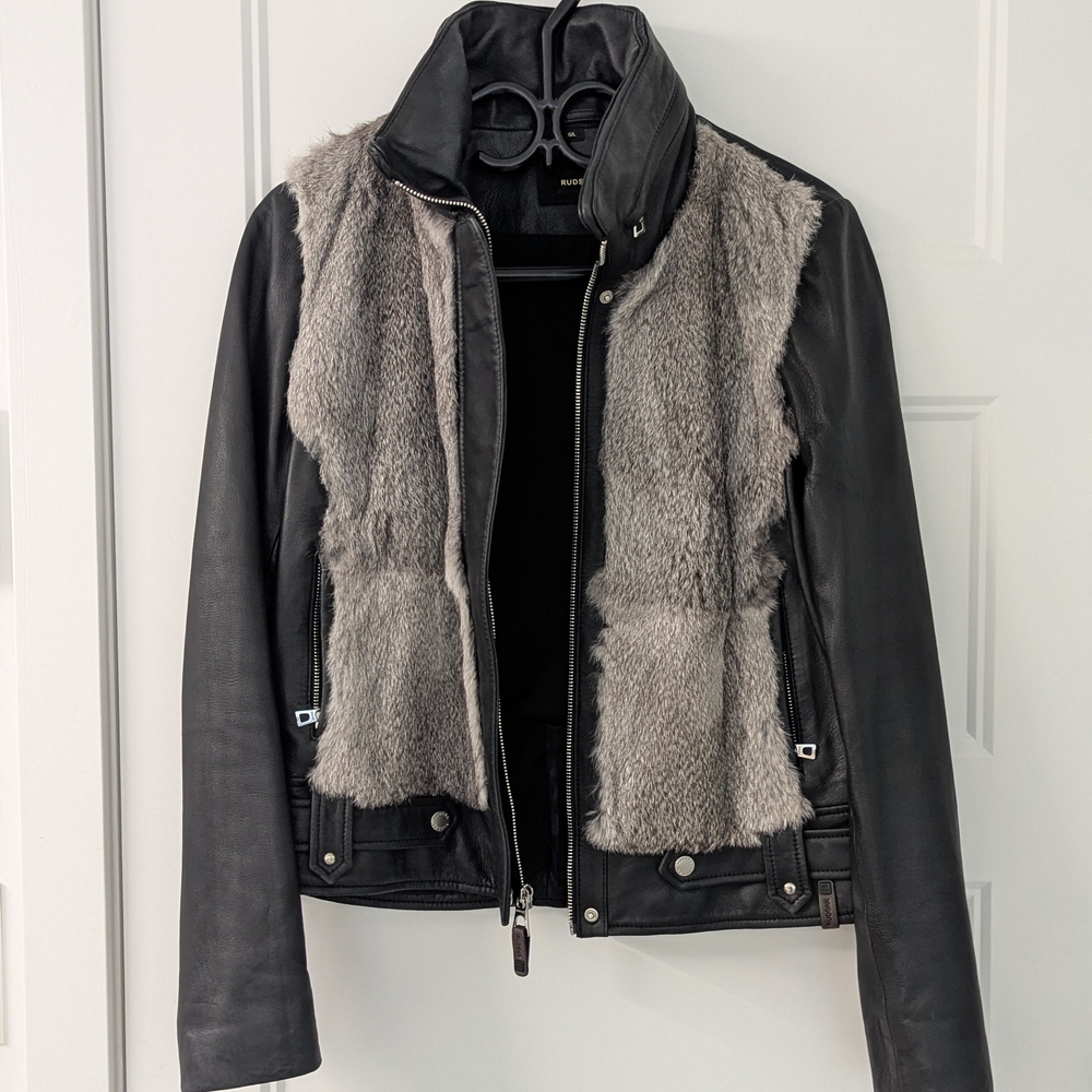 Rudsak Leather Jacket with Rabbit Fur –‎ Size Large